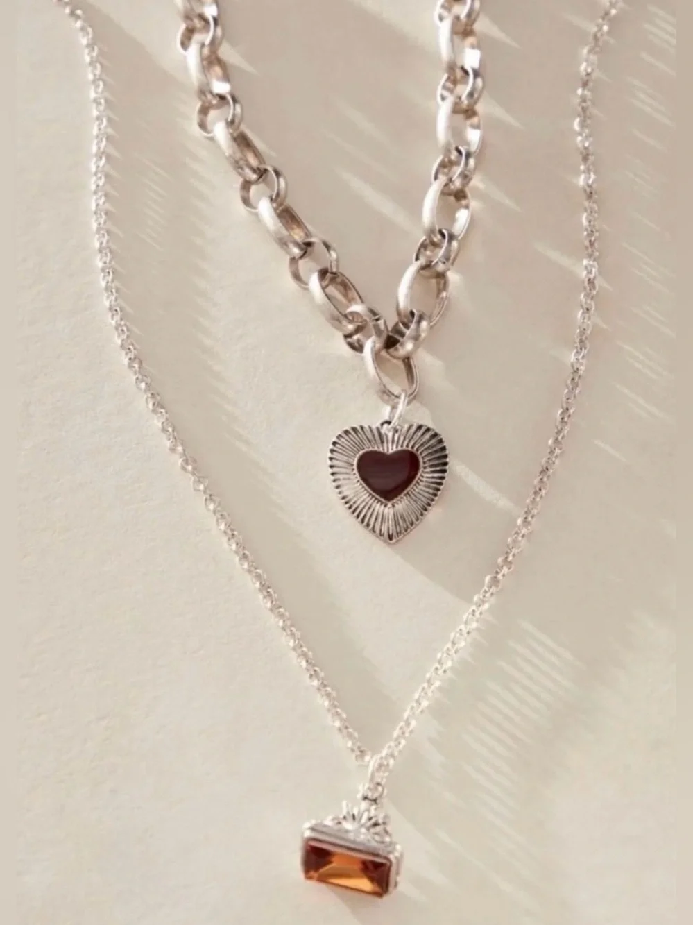 NEW Free People Zehnder Layer Necklace Silver Tone Heart Charm Double Chain Ring